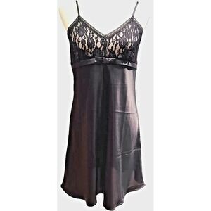 Vintage Bali Slip Dress Black Satin Lace Bias Cut Sheer Overlay Y2K 90s Glam Med